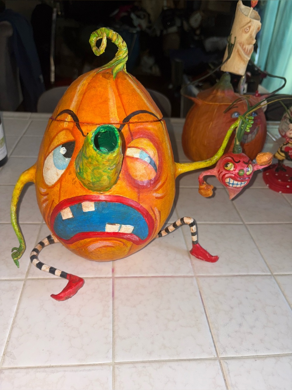 Handcrafted Papier Mache Pumpkin Sculpture Halloween Folk Signed Rojas